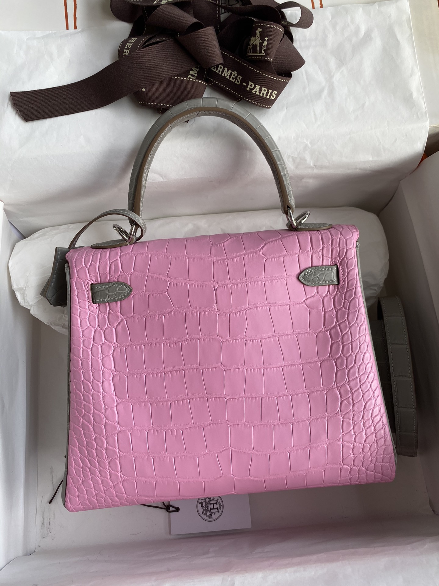 Hermes Kelly 25cm Handbag Shoulder Bag In Pink Grey Crocodile Niloticus Leather